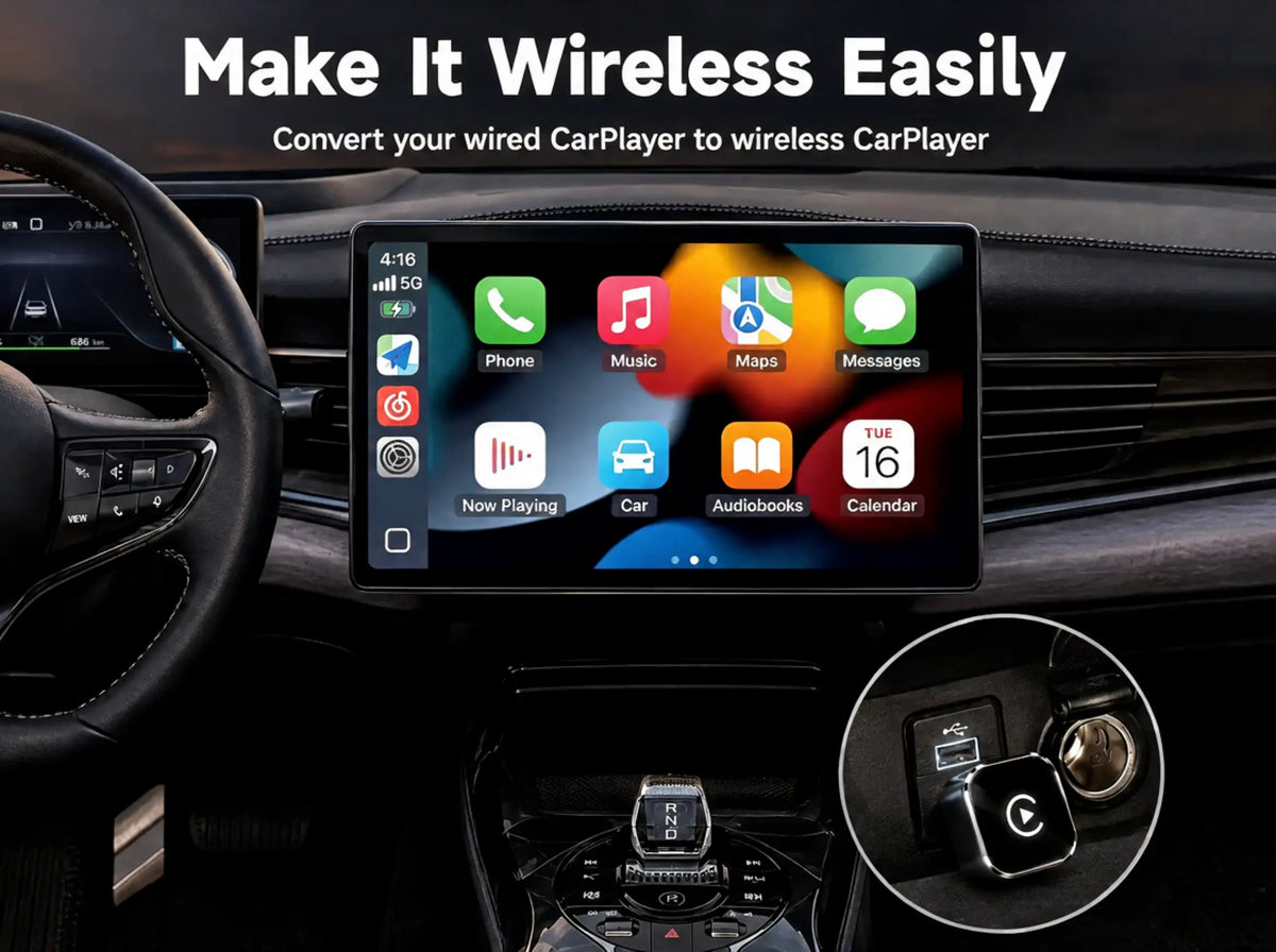 The adapter plugged into the car's USB port with CarPlay on the screen