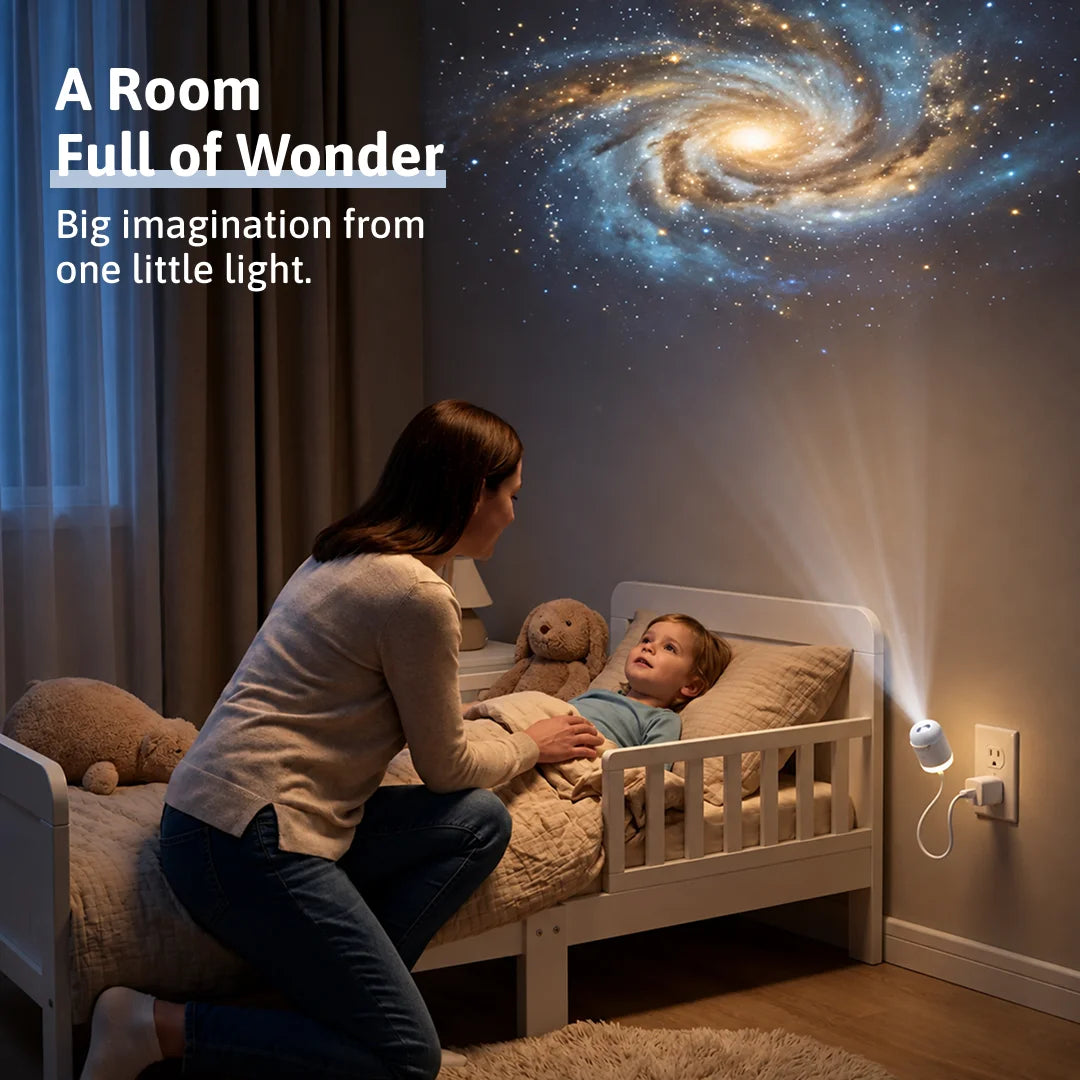 A room full of wonder, parent and child under a projected night sky