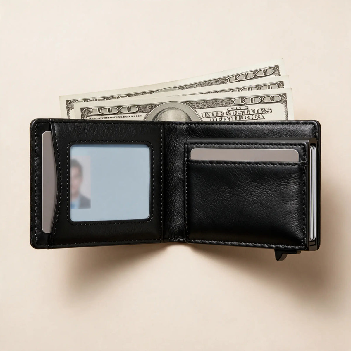 Wallet open with a hundred dollar bill lying flat in the pocket and a licence behind the clear ID window