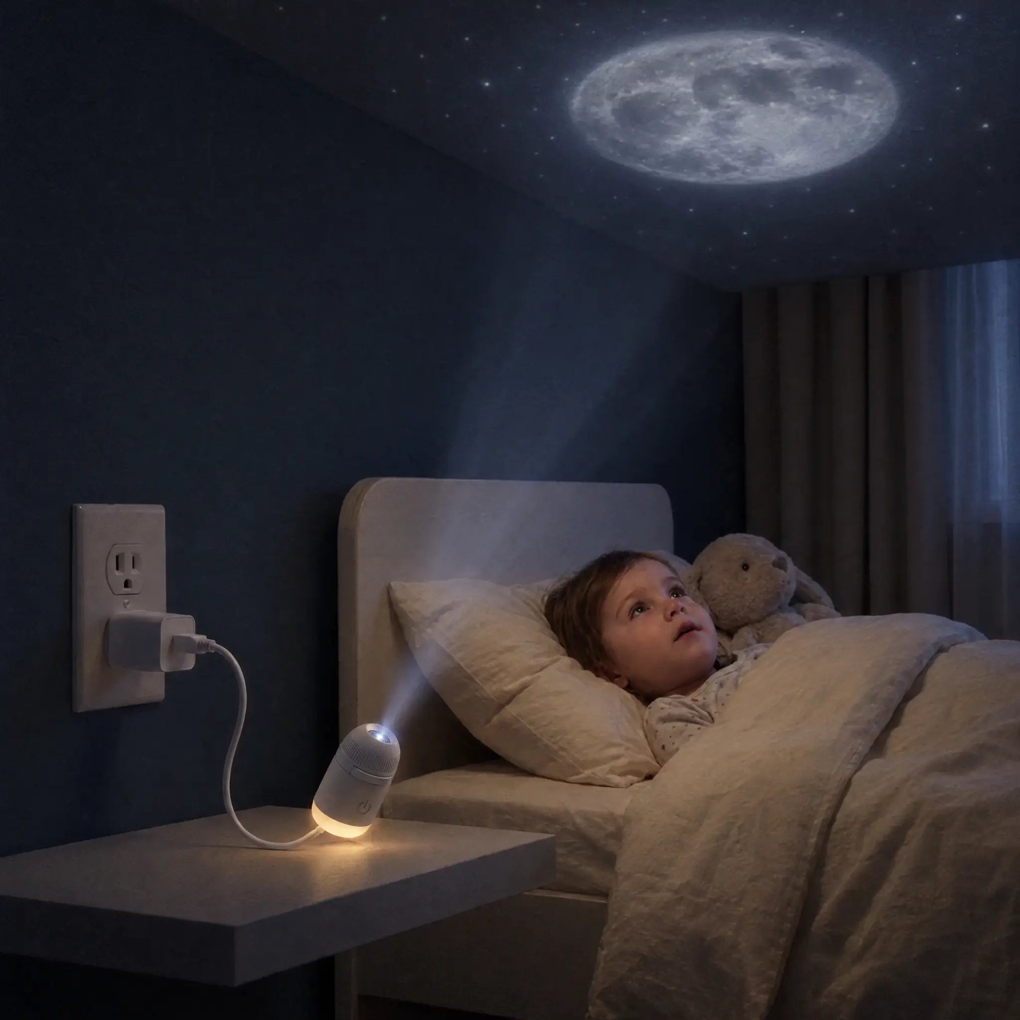 Child in bed with a sharp galaxy projected across the ceiling